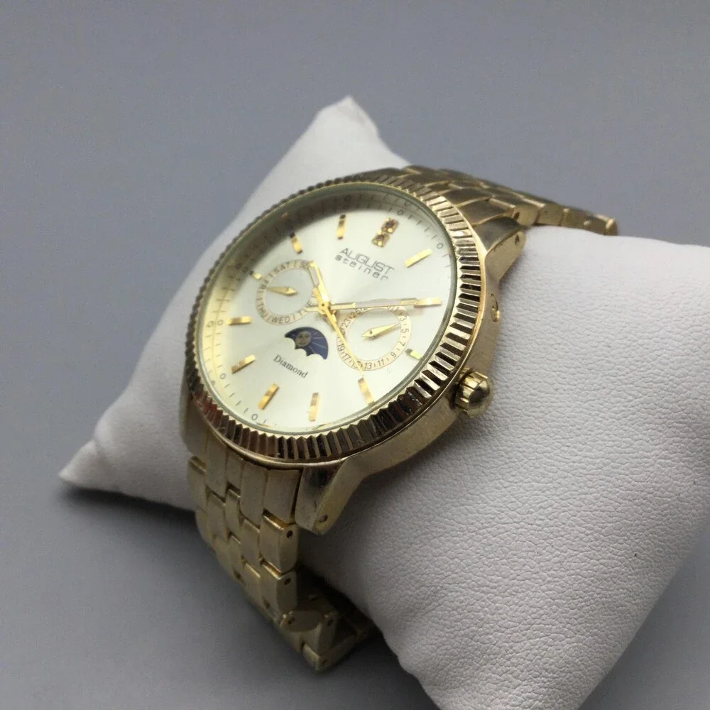 August Steiner Men Watch 40mm Gold Tone Multi-Function Moon Phase New Battery 9